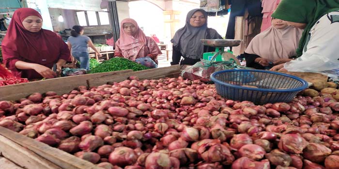 Pedagang di Pasar Terubuk, Bengkalis saat melayani para pembeli, Rabu (17/4/2024). Setelah Hari Raya Idulfitri 1445 Hijriah, harga barang keperluan pokok di Bengkalis masih relatif tinggi.