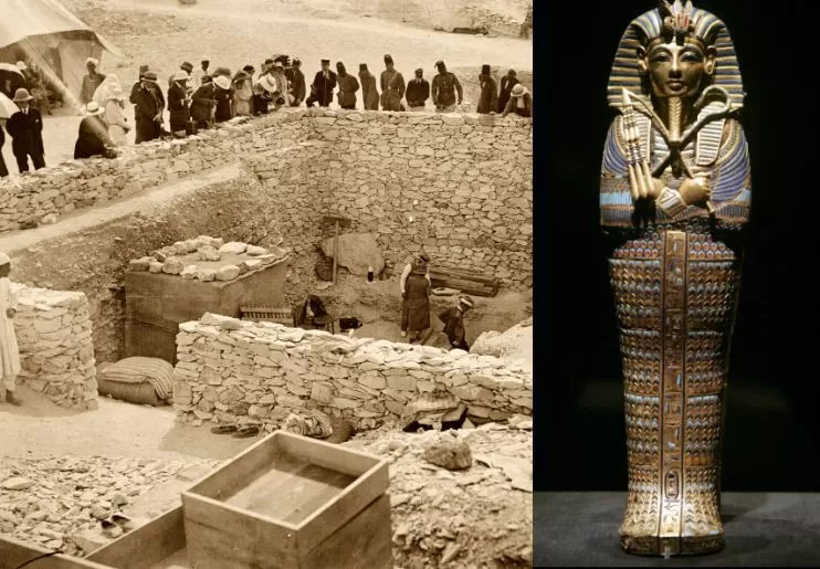 Peti mati & tampilan luar makam Tutankhamun selama penggalian di tahun 1922.