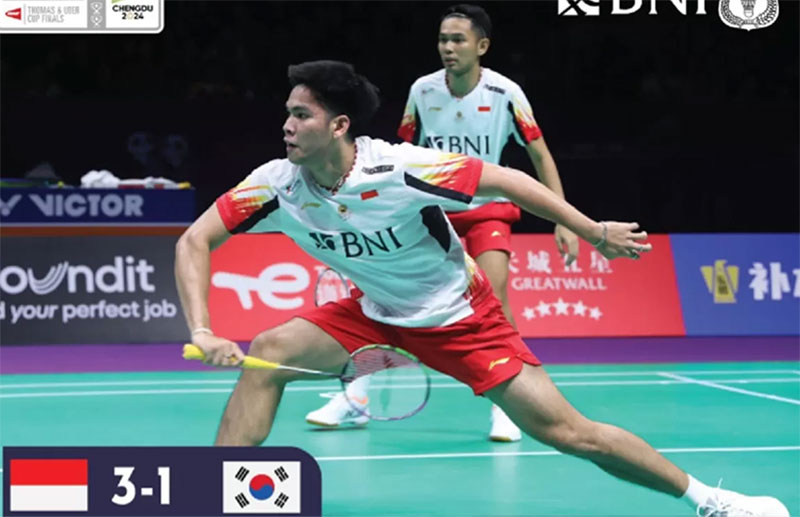 Ganda putra dadakan Fajar Alfian/Daniel Marthin memastikan Indonesia menang 3-1 atas Korea pada perempatfinal Thomas & Uber Cup 2024, Jumat (3/5/2024) malam WIB.