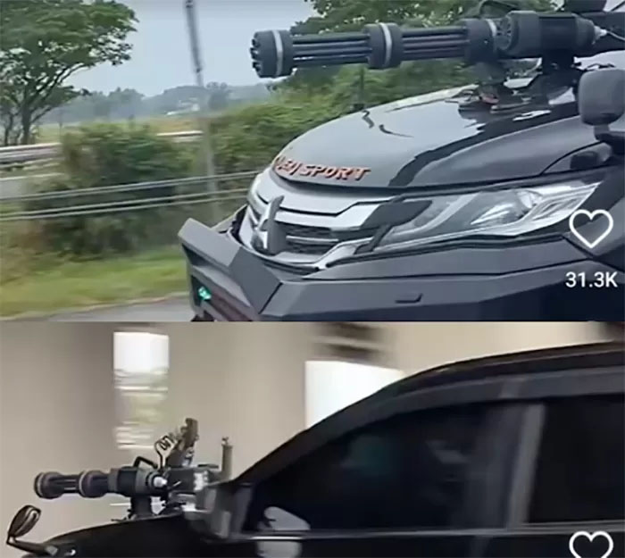 Mitsubishi Pajero Sport pakai aksesori senapan mesin viral di media sosial.
