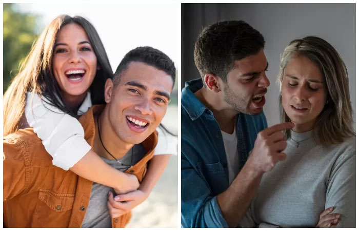 Ilustrasi pria yang tulus mencintai pasangan (kiri) dengan pria yang hanya memanfaatkan pasangan (kanan)