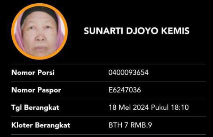JCH Riau asal Siak, Sunarti Djoyo Kemis wafat di Madinah, Arab Saudi, Kamis (23/5/2024) waktu setempat.