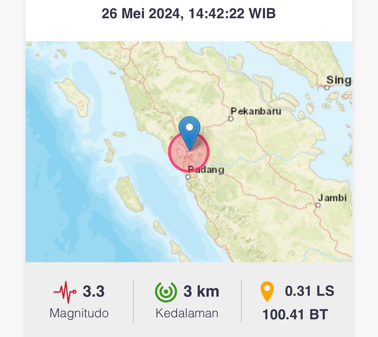 BMKG mencatat terjadi gempa susulan di Bukittingi, dengan kekuatan magnitudo 3.3, pada puku 14:42:22 WIB, Ahad (26/5/2024).