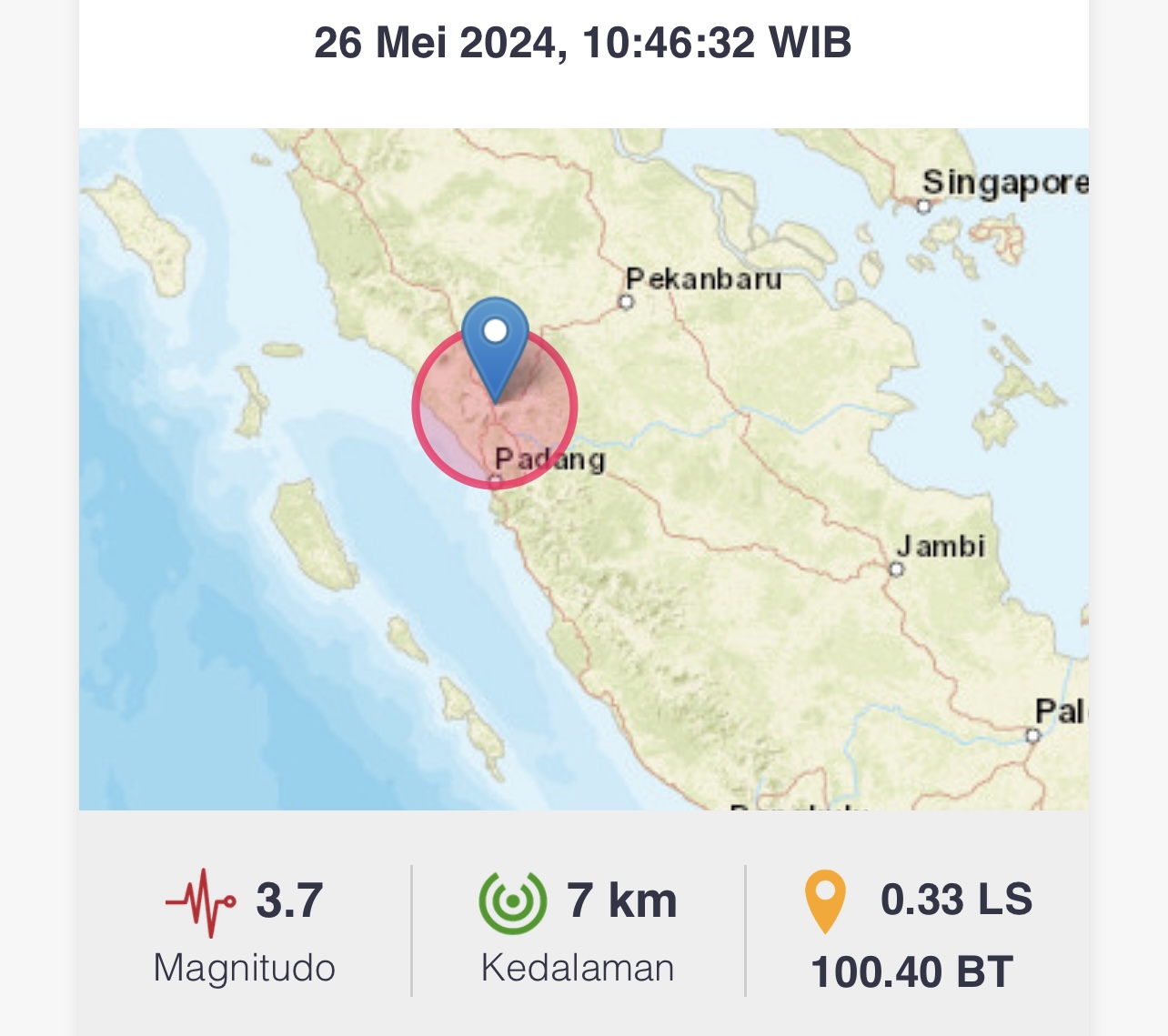 Gempabumi Magnitudo 3.7 terjadi di Bukittinggi, Sumatera Barat, Ahad (26/5/2024) sekitar pukul 11:00 WIB.