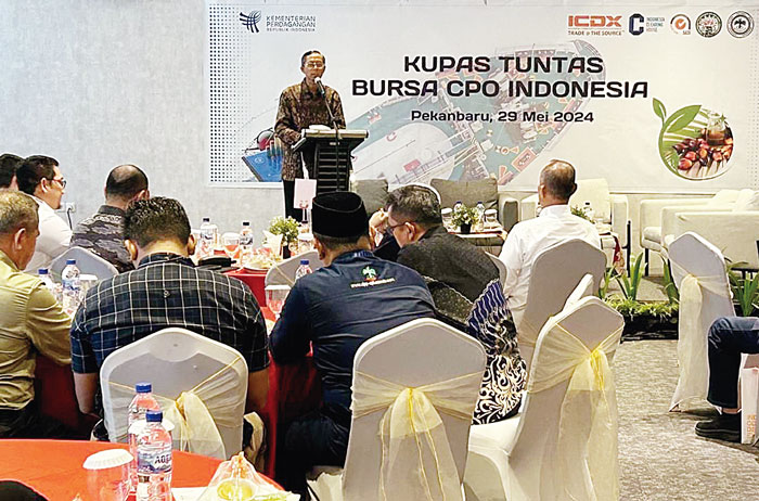 Plt Kepala Bappebti Kasan memberikan sambutan saat sosialisasi bursa CPO di Pekanbaru, Rabu (29/5/2024).
