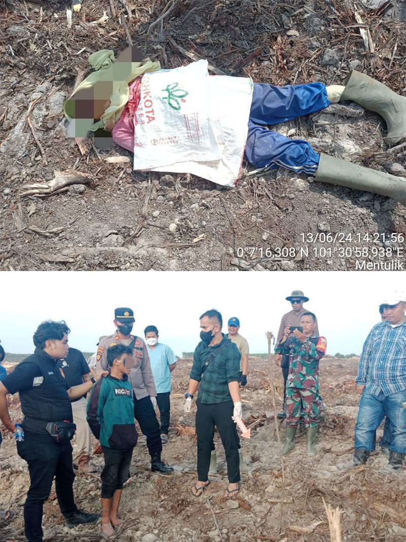 Febeidar Laia (40) ditemukan meninggal di Jalan Koridor RAPP Km 60 Desa Rantau Kasih (foto atas). Foto bawah, Unit Reskrim Polsek Kamparkiri mengamankan tersangka Kamis (13/6)