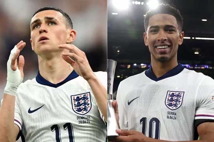 Phil Foden (kiri) kembali berlatih di Gym camp latihan Inggris untuk menyongsong babak 16 besar Euro 2024. Dia akan bersaing dengan Jude Bellingham.