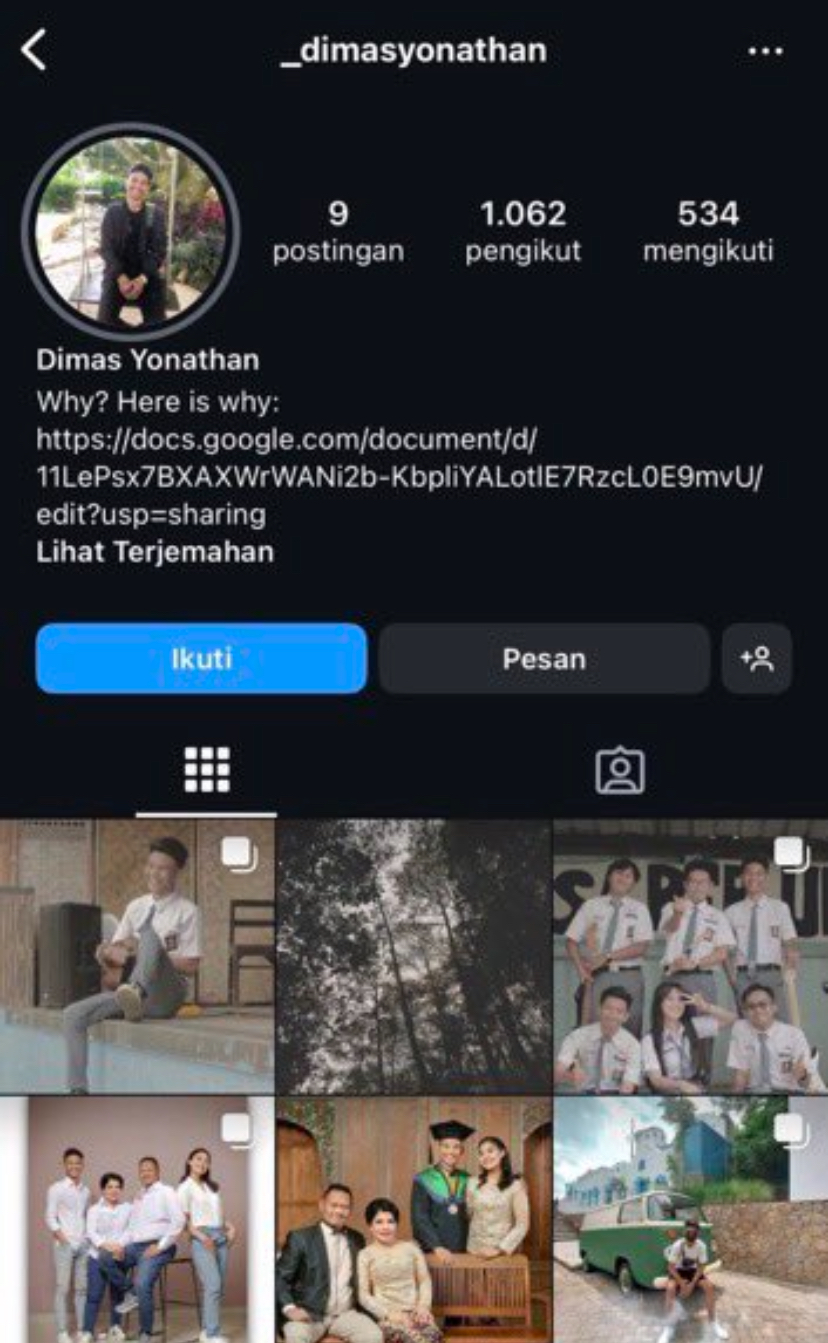 Tangkapan layar Instagram Yonathan yang diduga bunuh diri di Fly Over yang sempat viral beberapa hari lalu.