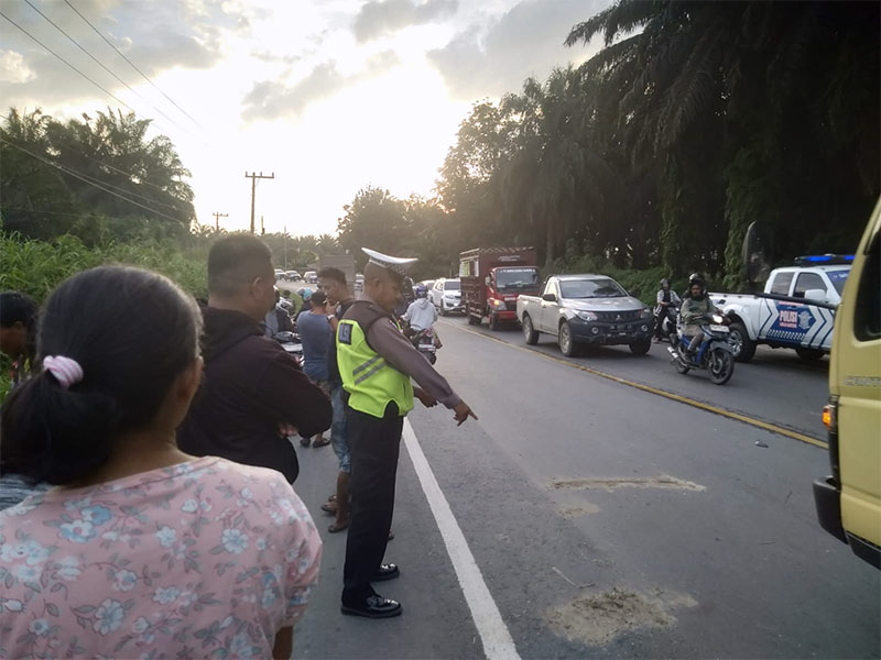 Personel Satlantas Polres Kampar olah TKP kecelakaan lalu lintas di Jalan Lintas Timur Km 23, Desa Pangkalan Baru, Kecamatan Siak Hulu, Kabupaten Kampar, Sabtu (29/6/2024)