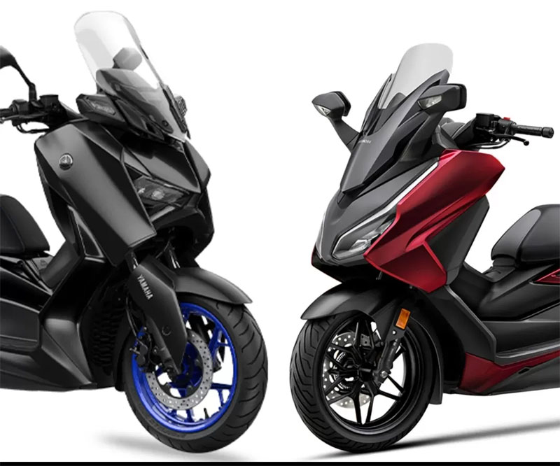 Ilustrasi Yamaha XMAX 250 Connected dan Honda Forza 250 terbaru.