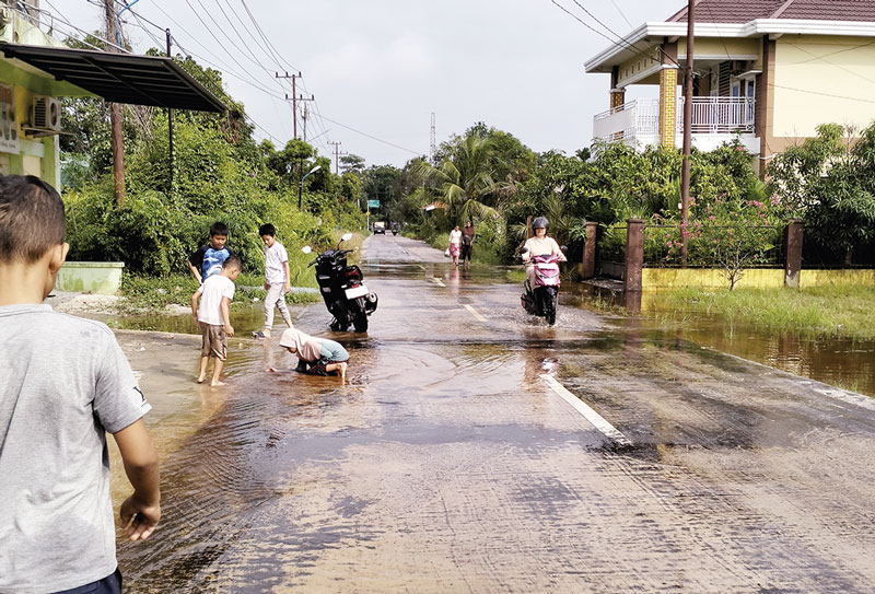 Sejumlah anak memburu ikan cupang di ruas Jalan Sidorejo, Kelurahan Ratu Sima, Kecamatan Dumai Selatan yang terendam banjir, Ahad (14/7/2024).