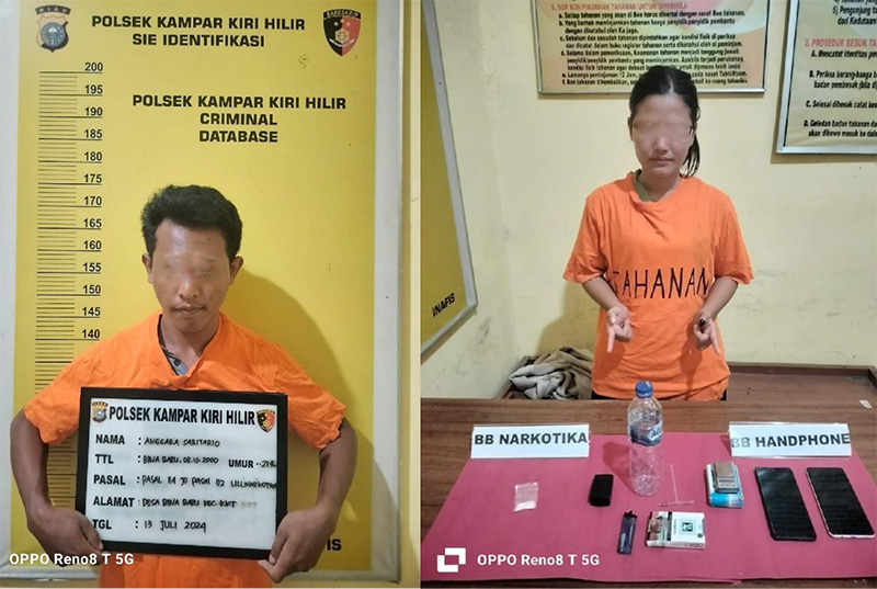 Jajaran Polsek Kampar Kiri Hilir meringkus pasangan suami istri yang terlibat jaringan narkoba, Sabtu (13/7/2024).