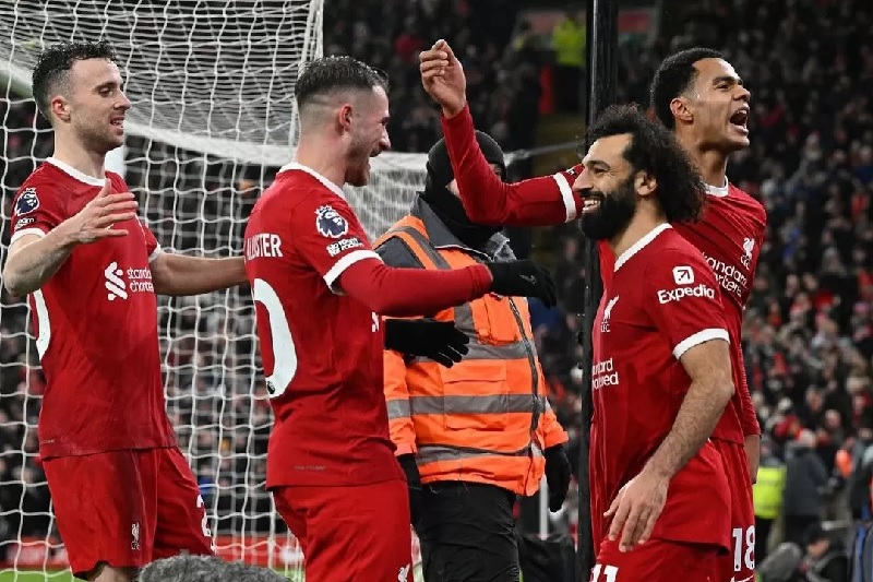 Mohamed Salah saat merayakan gol di Liverpool.