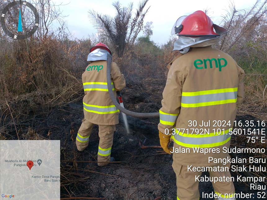 Tim Fire Fighting EMP Bentu Limited bekerja sama dengan pemerintah dan masyarakat memadamkan kebakaran lahan di Desa Pangkalan Baru, Siak Hulu, Kabupaten Kampar (30/7/2024).