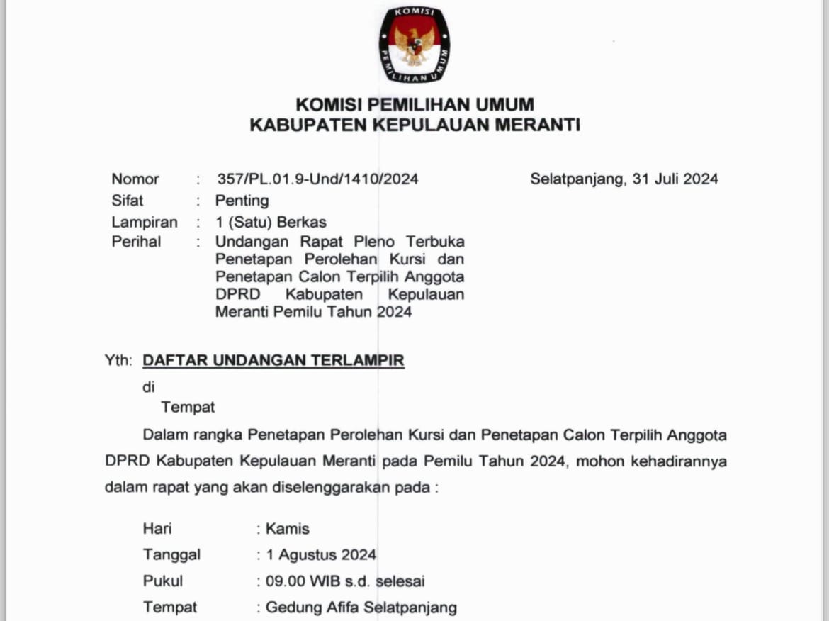 Undangan penetapan caleg 2024 terpilih yang telah disebar KPU Kepulauan Meranti kemarin.