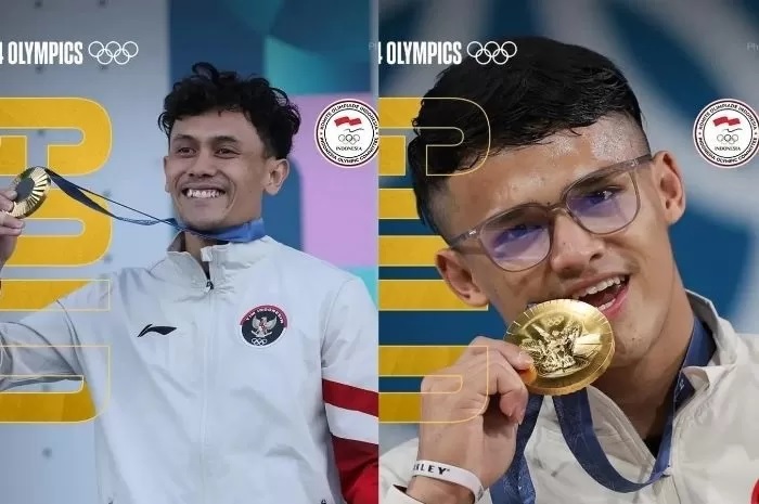 Veddriq Leonardo dan Rizki Juniansyah dalam konferensi pers Tim Indonesia yang berhasil meraih 2 medali emas di Olimpiade Paris 2024.