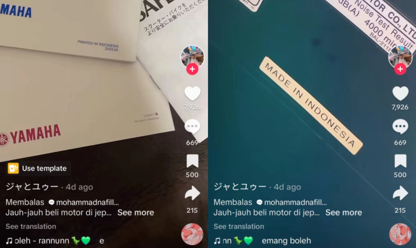 Tangkapan layar video viral kreator TikTok Indonesia di Jepang, beli motor Yamaha Nmax ternyata buatan Indonesia.