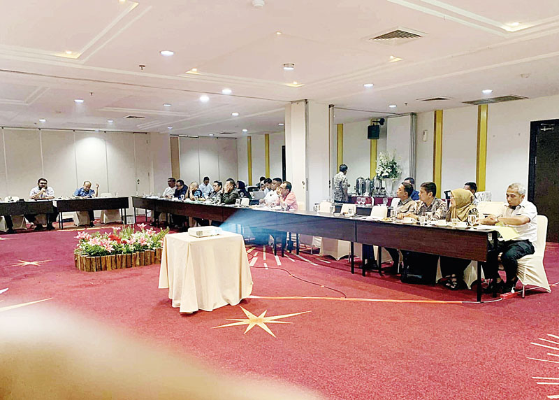 RAPAT: Ketua Banggar DPRD Rohul Novli Wanda Ade Putra (kiri depan) bersama Tim Anggaran Pemerintah Daerah (TAPD) dan OPD terkait membahas Ranperda RAPBD Rohul Tahun Anggaran 2025 di Hotel Grand Elite