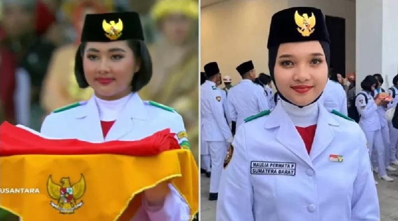 Paskibraka berhijab asal SMAN 1 Solok Sumbar Maulia Permata Putri diganti sebagai pembawa baki beberapa saat sebelum upacara di IKN.