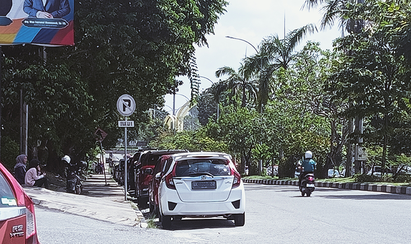 Deretan kendaraan roda empat tetap nekat parkir di pinggir Jalan Diponegoro depan RSUD Arifin Achmad Pekanbaru meski sudah ada rambu larangan parkir, Senin (19/8/2024).