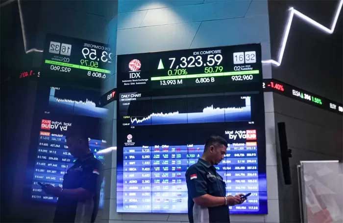 Ilustrasi layar pergerakan Indeks Harga Saham Gabungan (IHSG) di Bursa Efek Indonesia (BEI) Jakarta.