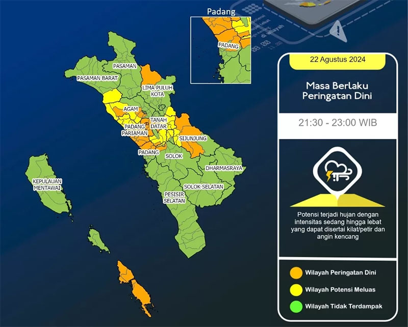 Peta sejumlah wilayah di Sumbar masih berpotensi mengalami hujan sedang hingga lebat dan disertai kilat atau petir serta angin kencang.