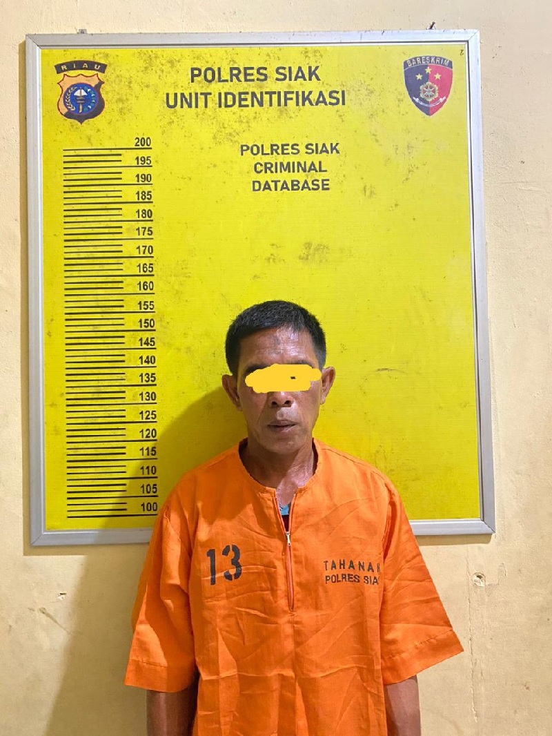 Tersangka cabul anak kandung QR sedang menjalani penyidikan di Mapolres Siak, Sabtu (31/8/2024).