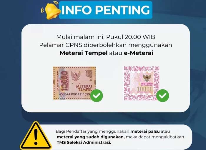 Pengumuman BKN yang memperbolehkan Pelamar CPNS 2024 menggunakan meterai tempel.
