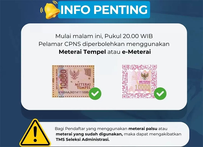 Pengumuman BKN yang memperbolehkan Pelamar CPNS 2024 menggunakan meterai tempel.