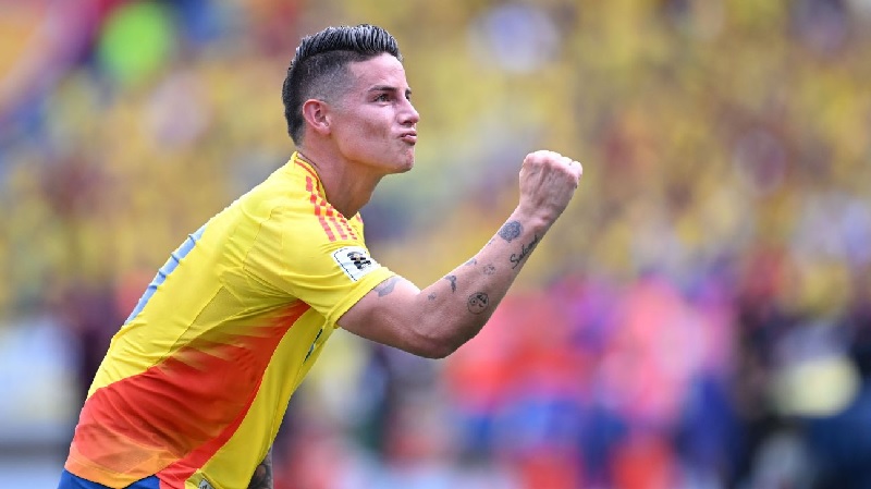 Gelandang serang Kolombia, James Rodriguez merayakan gol ke gawang Argentina di kualifikasi Piala Dunia 2026 Zona Amerika Selatan, Rabu (11/9/2024) dini hari WIB.