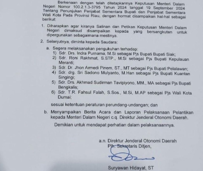 Salinan dan petikan Putusan Menteri Dalam Negeri tentang penunjukan pejabat sementara yang bakal mengisi kekosongan kursi sejumlah kepala daerah di Riau, mengikuti Pilkada Serentak 2024.