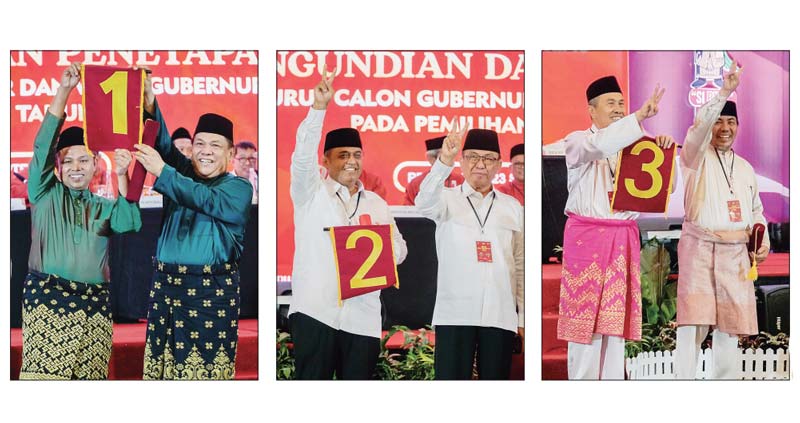 Pasangan calon Gubernur Riau-Wakil Gubernur Riau Syamsuar-Mawardi, Muhammad Nasir-Muhammad Wardan (tengah), dan Abdul Wahid-SF Hariyanto (kiri) mengangkat nomor urut saat rapat pleno terbuka.
