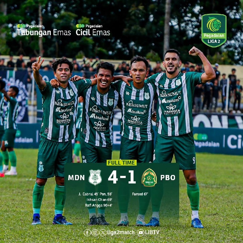 Pemain PSMS Medan melakukan selebrasi setelah mengalahkan Persikabo 1973 4-1 dalam lanjutan Grup A Liga 2 Indonesia.