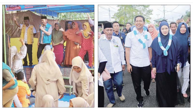 Dari kiri Paslon Cabup Rohil,  Afrizal Sintong saat kampanye di Kepeng&shy;huluan Babussalam Rokan, dan Paslon Cawabup Rohil Jhoni Charles saat tiba di lokasi kampanye di Bagansiapiapi, Ahad (29/9/2024).