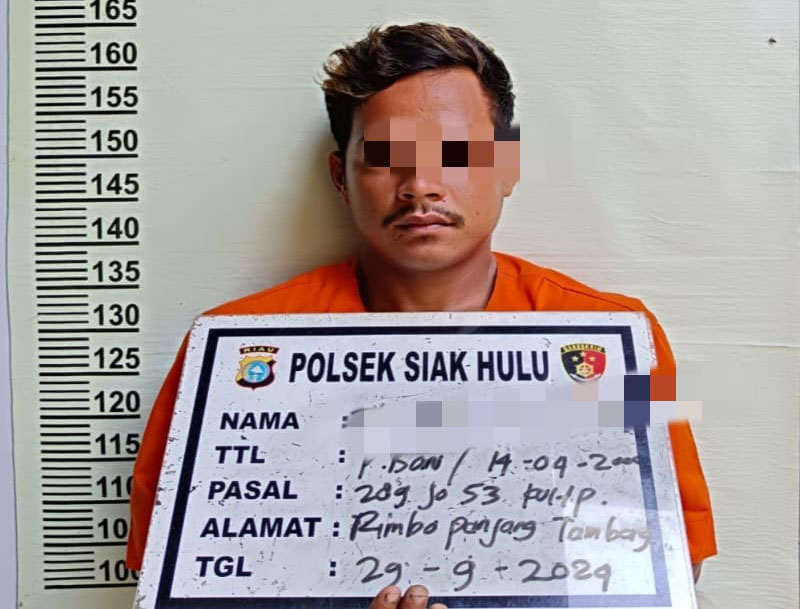 Unit Reskrim Polsek Siak Hulu meringkus seorang pria TA alias Tofik (24) di salah satu perumahan di Desa Pandau Jaya, Kecamatan Siak Hulu, Kabupaten Kampar, Ahad (29/9/2024).
