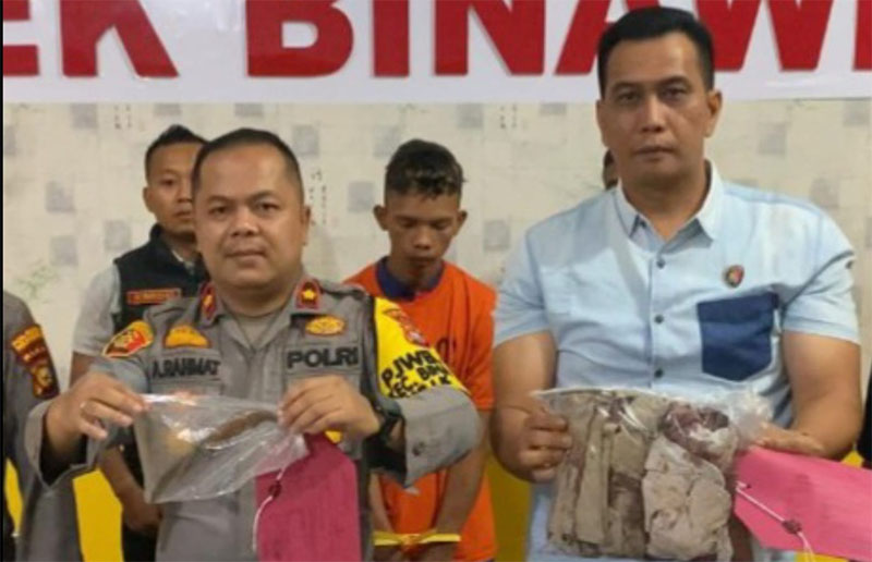 Kapolsek Bina Widya Kompol Asep Rahmat saat ekspos kasus penikaman abang oleh adik kandung sendiri dengan latar belakang pelaku, Sabtu (19/10/2024).