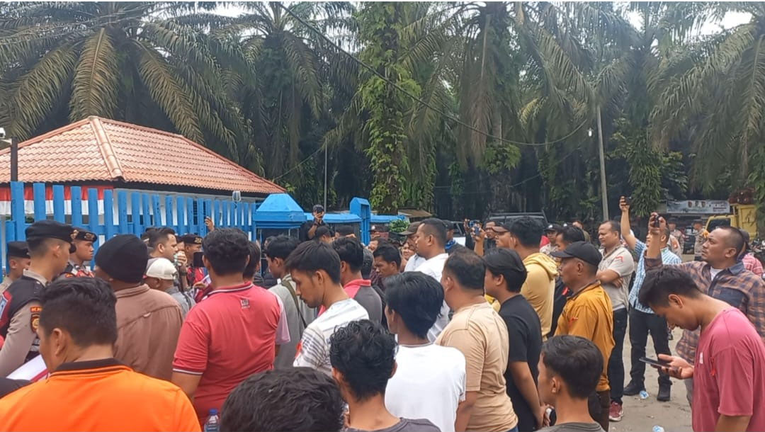 Masyarakat di bawah Satgas Adat Kenegerian Kampa melakukan aksi di depan pintu masuk Pabrik Kelapa Sawit PT Tasma Puja, Desa Kampar, Kecamatan Kampa, Kamis (7/11/2024).