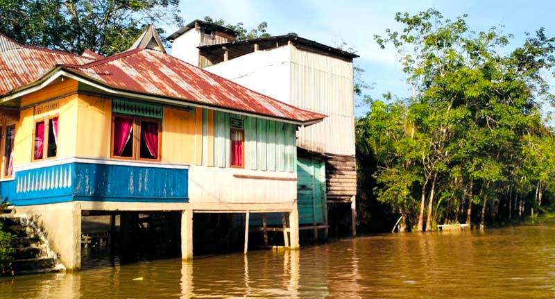 Masyarakat Desa Lubuk Kembang Bunga, Kecamatan Ukui melintasi akses jalan poros desa setempat yang direndam banjir pascadiguyur hujan deras, Selasa (12/11/2024).