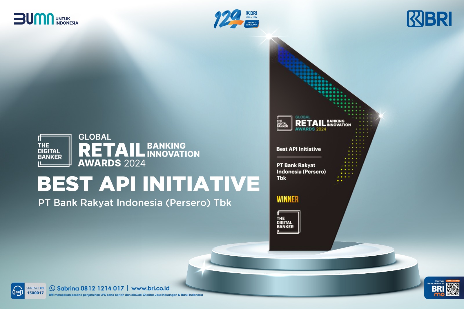 BRI kembali memperoleh pengakuan internasional dengan meraih penghargaan Best API Initiative dalam ajang Global Retail Banking Innovation Awards 2024 yang diadakan oleh The Digital Banker di Singapore