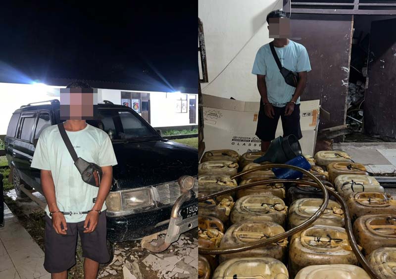 Tim Opsnal Polsek Mandau menangkap tersangka dan BBM bersubsidi yang disalahgunakan pelaku&nbsp; di Mapolsek Mandau, Rabu (20/11/2024).