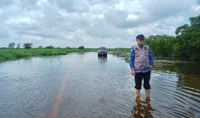 Kalaksa BPBD Pelalawan, Zulfan SPi MSi meninjau kondisi banjir yang mulai merendam akses badan Jalan Desa Lubuk Ogung Bandar Seikijang, Ahad (1/12/2024).