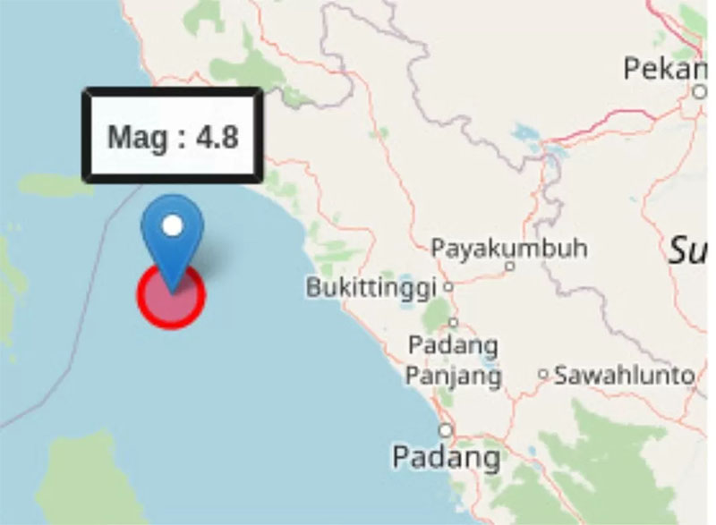 Peta lokasi pusat gempa bumi berkekuatan magnitudo 4.8 yang mengguncang wilayah barat daya Air Bangis, Pasaman Barat, Sabtu (7/12/2024) pukul 14.46 WIB.