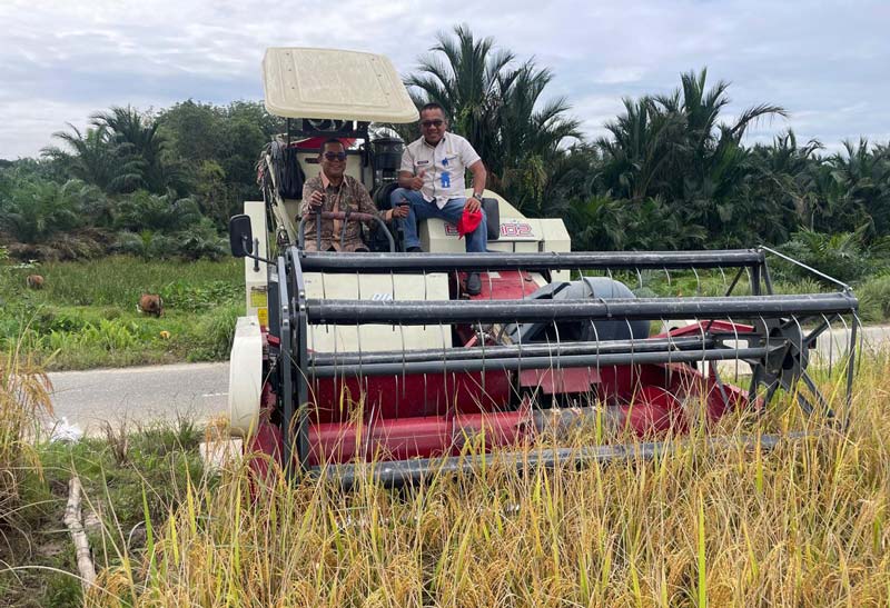 Alat panen padi Combine Harvester diuji coba memanen padi di lahan sawah &nbsp;Kelompok Tani&nbsp; Takbau I di Desa Binuang, Kecamatan Bangkinang, Kampar