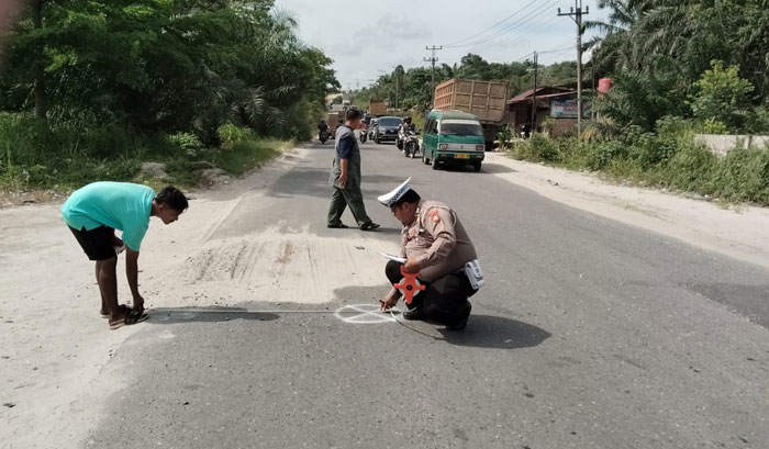 Personel Satlantas Polres Kampar olah TKP terjadi lakalantas di di jalan lintas Garuda Sakti Panam - Petapahan KM 6 Desa Karya Indah Kecamatan Tapung, Kabupaten Kampar, Ahad (15/12/2024).