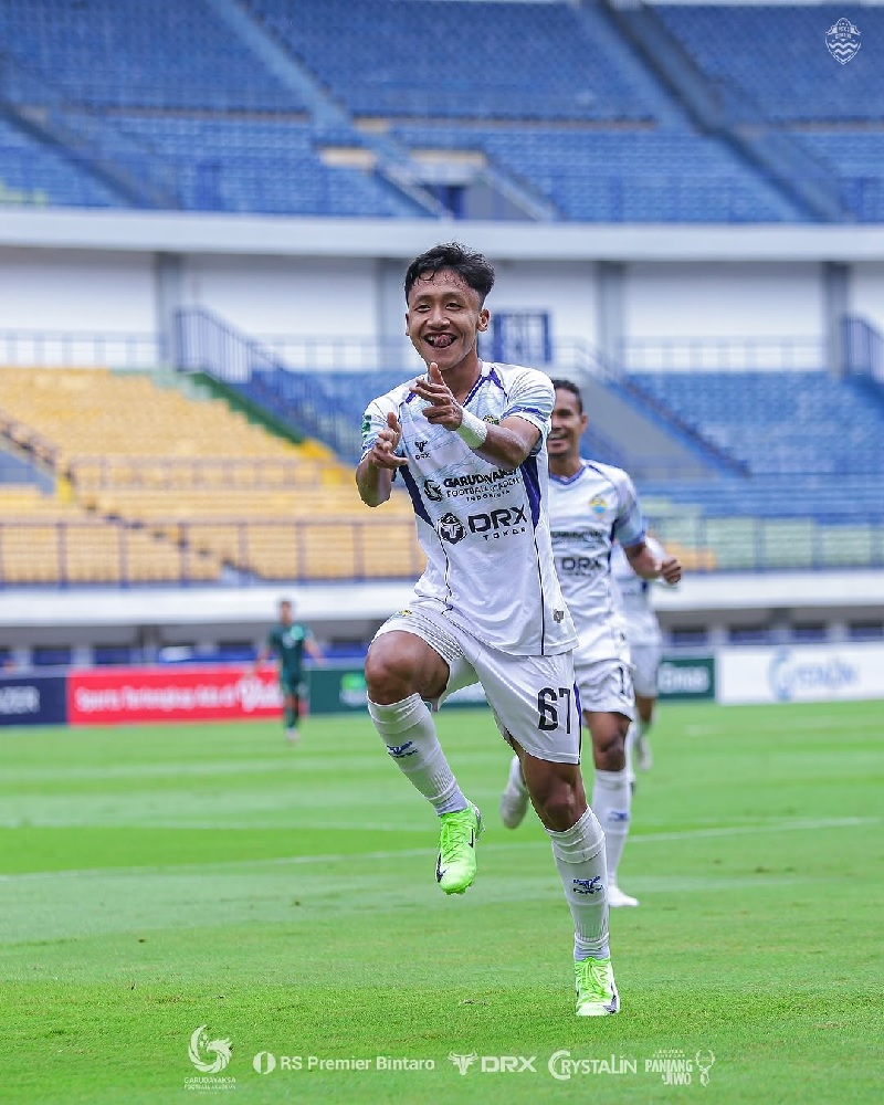 Pemain muda Decho Hari Zacky melakuakn selebrasi usai mencetak gol pembuka PSKC Cimahi saat mengalahkan Persikabo 1973 2-0 dalam lanjutan Grup 1 Pegadaian Liga 2.