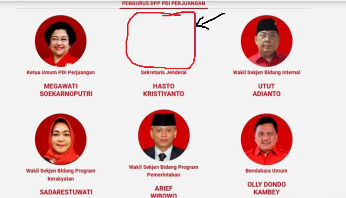Foto Sekjen PDIP Hasto Kristiyanto tidak ada dalam laman website pengurus DPP PDIP.