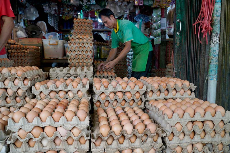 Pedagang&nbsp;menyusun&nbsp;telur ayam&nbsp;yang akan dijual di Pasar Pagi Arengka,&nbsp;Kota Pekanbaru, Selasa (31/12/2024).&nbsp;