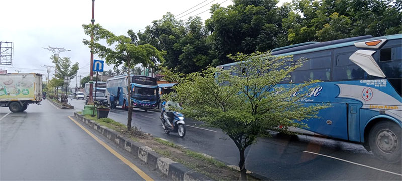 Bus antar kota antar provinsi yang berhenti menaikan, menurunkan penumpang dan barang di Jalan Proklamasi Sungai Jering Teluk Kuantan, Kamis (9/1/2025).
