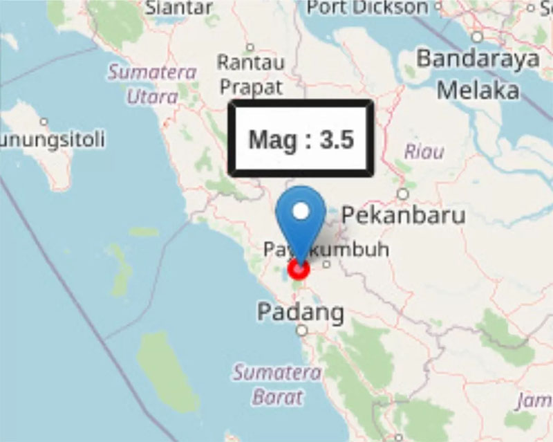 Pusat gempa berkekuatan magnitudo 3,5 yang mengguncang Bukittinggi dan sekitarnya pada Senin 13 Januari 2025, pukul 04.07 WIB.
