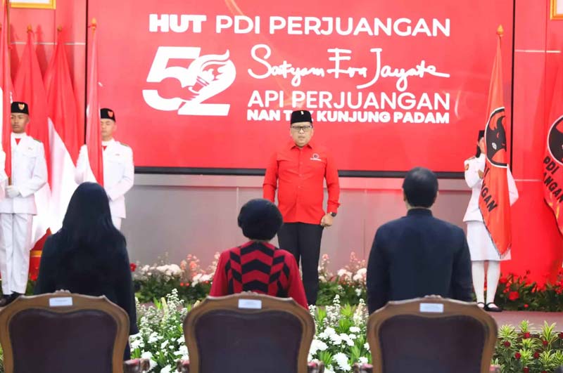 Sekjen DPP PDIP Hasto Kristiyanto saat hadir pada HUT PDIP ke-52 di Sekolah Partai PDIP, Jakarta, Jumat (10/1/2025).